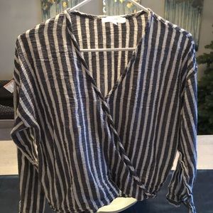 Talori faux-wrap lightweight denim/white top